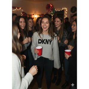 DKNY Jeand Grey Sweater With Silver Threads And Black Print. Nordstrom NWT